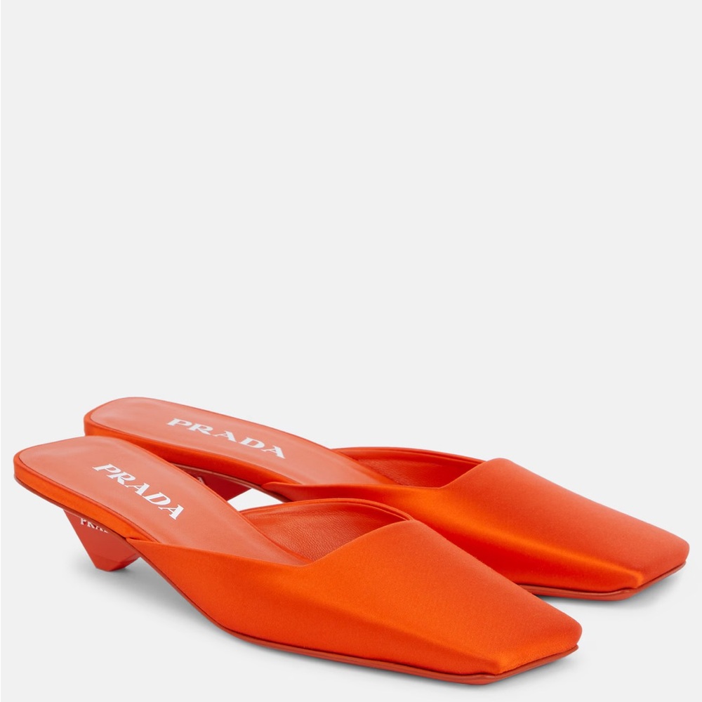 PRADA Satin Mules • Orange • Size 37 Size 7 • NWT • Luxe Statement Heels
